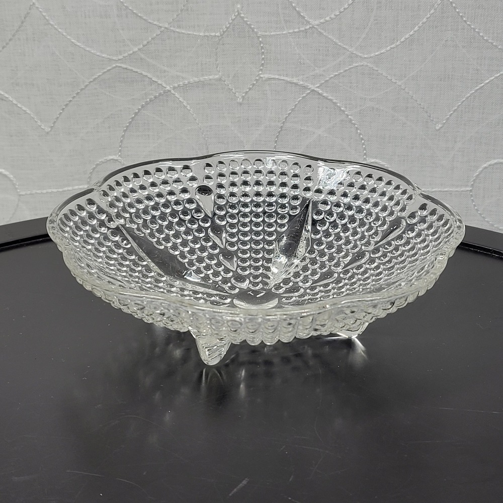 VTG Hazel Atlas Hobnail Glass Trinket Dish Clear Footed Scalloped Edge Vanity
